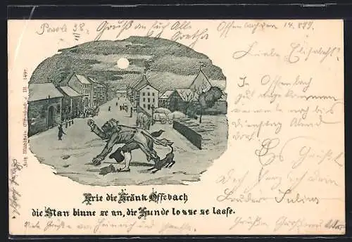 Künstler-AK Offenbach / Main, gezeichnete Strassenszene mit Hund