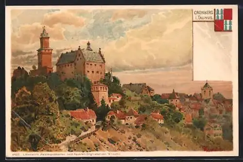 Künstler-Lithographie Kronberg, Blick zum Schloss, Wappen