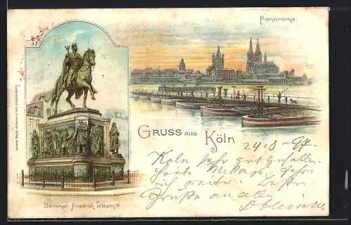 Lithographie Köln, Panorama mit Dom, Denkmal Friedrich Wilhelm III.