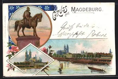 Lithographie Magdeburg, Reiterstatue und Flusspartie mit Booten