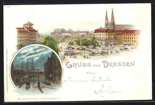 Lithographie Dresden, Postplatz mit Pferdebahn aus der Vogelschau, Annenstrasse mit Postgebäude