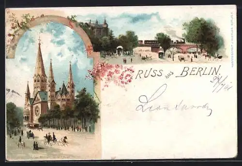 Lithographie Berlin-Charlottenburg, Kaiser Wilhelm Gedächnis Kirche, Strassenbahn