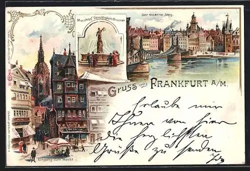 Lithographie Alt-Frankfurt, Manskopf-Gerechtigkeitsbrunnen, der Eiserne Steg, Eingang zum Markt mit Leuten um 1900