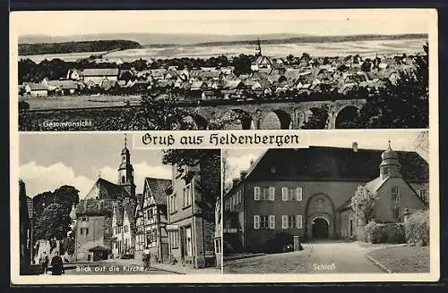 AK Heldenbergen, Schloss und Blick auf die Kirche