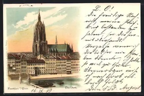 Lithographie Alt-Frankfurt, Flusspartie mit Dom