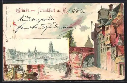 Lithographie Alt-Frankfurt, Totalansicht und Partie an der Brücke