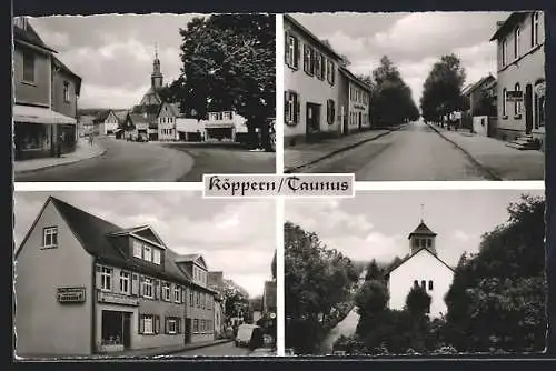 AK Köppern / Taunus, Buchhandlung Löb, Kirche, Ortsansichten