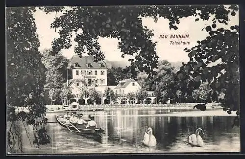 AK Bad Nauheim, Teichhaus mit Ruderern und Schwänen