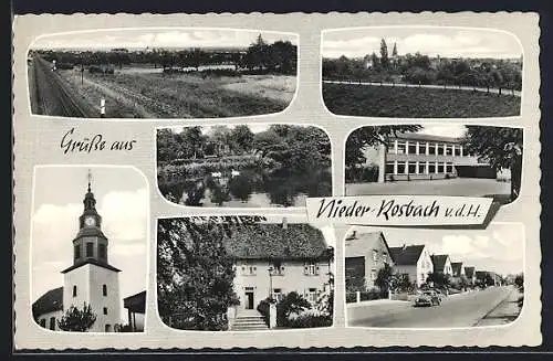 AK Nieder-Rosbach v. d. H., Flusspartie mit Schwänen, Bahngleise, Strassenpartie mit VW-Käfer