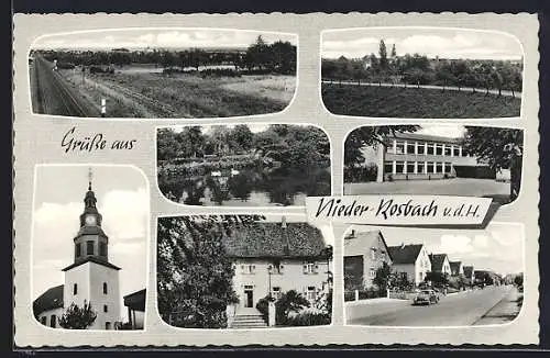 AK Nieder-Rosbach v. d. H., Strassenpartie, Kirche und Bahngleise