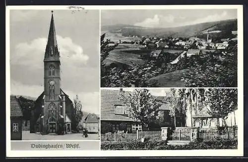 AK Düdinghausen /Wests., Ortsansicht und Strassenpartie mit Kirche