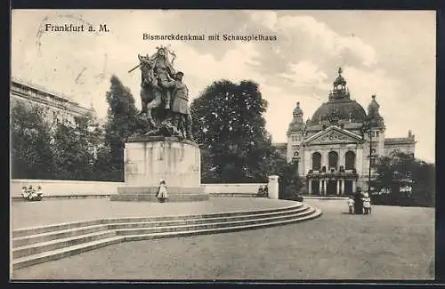 AK Frankfurt a. M., Bismarckdenkmal mit Schauspielhaus