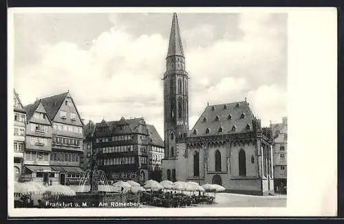AK Alt-Frankfurt, Römerberg mit Brunnen und Cafébesuchern