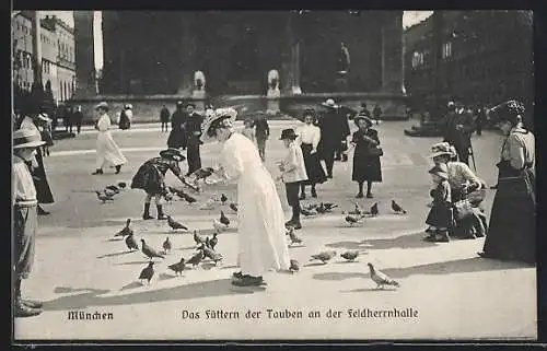 AK München, Das Füttern der Tauben an der Feldherrnhalle