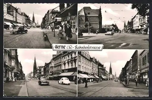 AK Herne i. W., Bahnhofstrasse mit Autos und Passanten