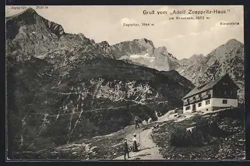 AK Adolf Zöppritz-Haus am Kreuzeck, Berghütte mit Blick auf Zugspitze und Waxenstein