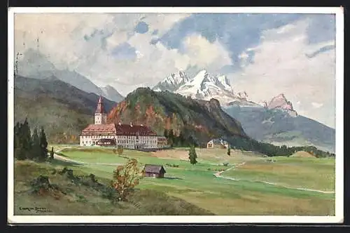 Künstler-AK Edward Harrison Compton: Elmau, Schloss mit Zugspitze