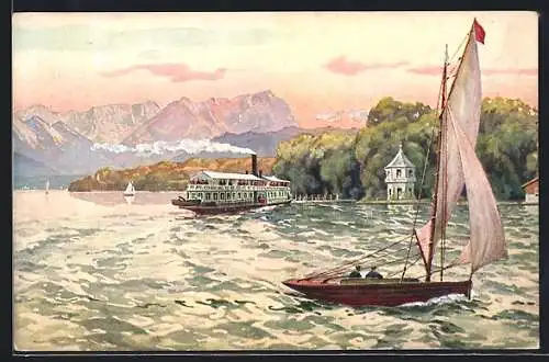 Künstler-AK Tutzing am Starnberger See, Segelboot und Dampfschiff auf dem See