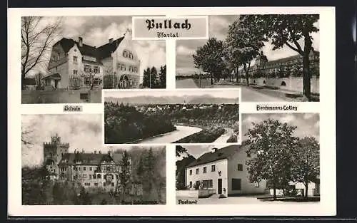 AK Pullach / Isartal, Blick auf Schule, Burg Schwaneck und Berchmanns Colleg
