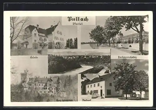 AK Pullach / Isartal, Blick auf Schule, Burg Schwaneck und Berchmanns Colleg