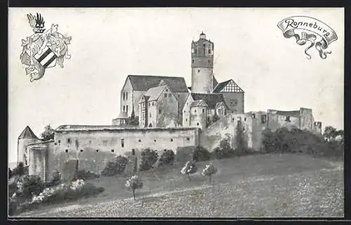 AK Ronneburg / Hessen, auf der Wiese neben der Burg, das Wappen