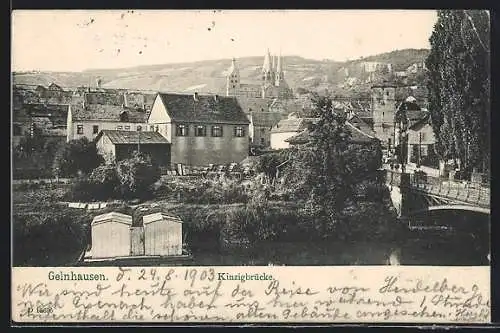 AK Gelnhausen, Kinzigbrücke, Im Hintergrund Kirche