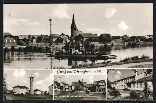 AK Dörnigheim a. M., Strassenpartie mit Cafe, Gebäudeansicht, Kirche