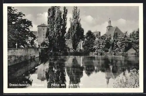 AK Dreieichenhain, Wasserpartie mit Brücke und Kirche im Hintergrund