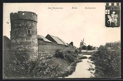 AK Zons / Niederrhein, Partie am Stadtgraben, Wappen
