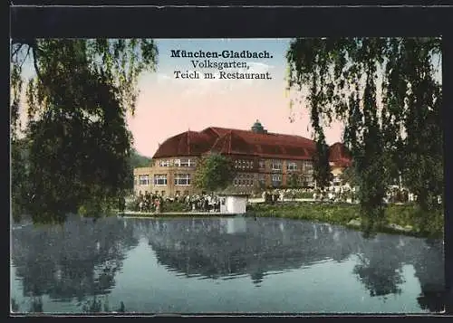 AK Mönchengladbach, Volksgarten, Teich mit Restaurant