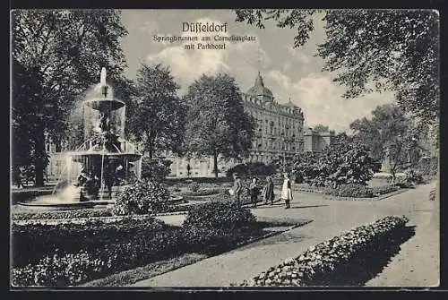 AK Düsseldorf, Springbrunnen am Corneliusplatz mit Parkhotel