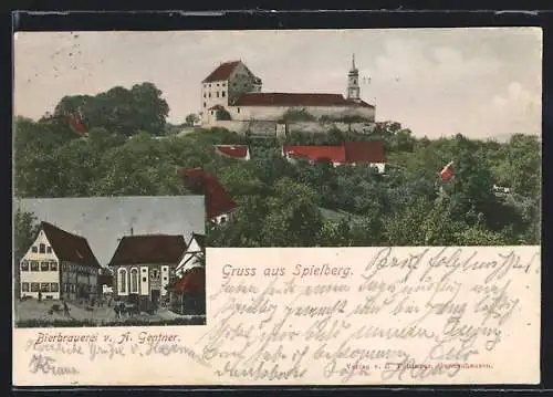 AK Spielberg / Gnotzheim, Bierbrauerei A. Gentner, Teilansicht mit Schloss