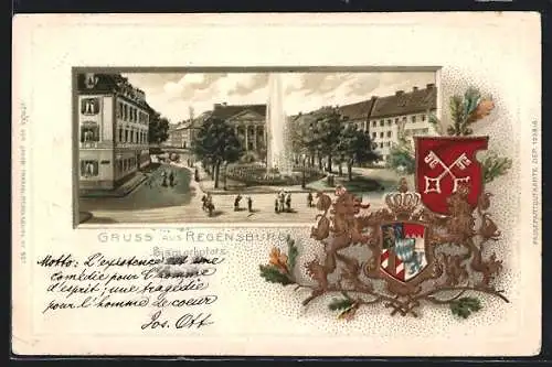 Passepartout-Lithographie Regensburg, Strassenpartie am Bismarkplatz, Wappen