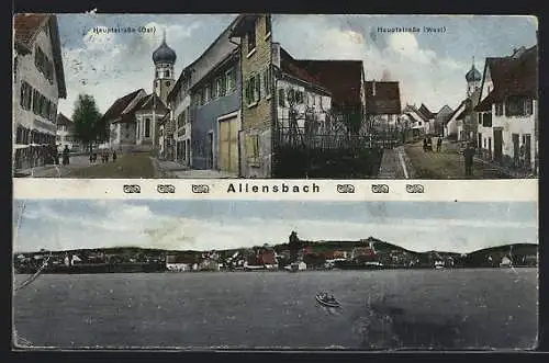 AK Allensbach, Hauptstrasse (West und Ost), Ortspanorama vom Wasser aus