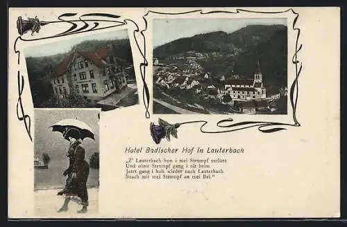 AK Lauterbach / Württ., Hotel Badischer Hof, Ortsansicht, Dame mit Schirm