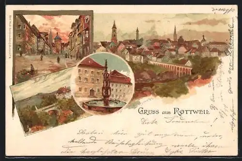 Lithographie Rottweil, Strassenpartie, Brücke, Brunnen