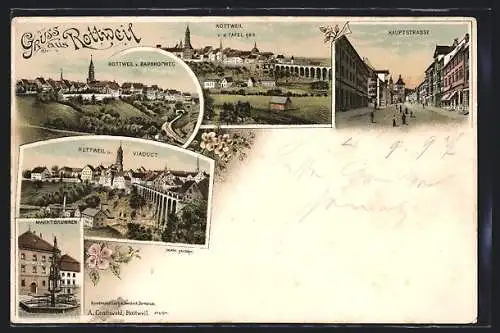 Lithographie Rottweil, Teilansicht u. Viaduct, Marktbrunnen, Hauptstrasse