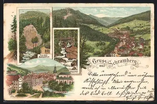 Lithographie Schramberg, Teilansicht, Wasserfall, Bernekthal