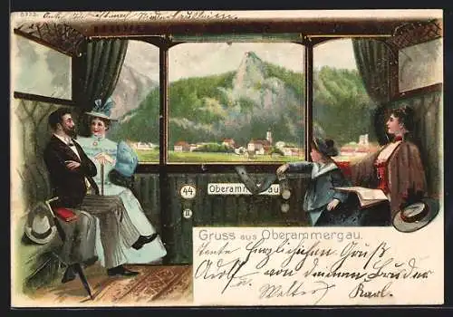 Passepartout-Lithographie Oberammergau, Teilansicht durch Fenster von Bahnabteil
