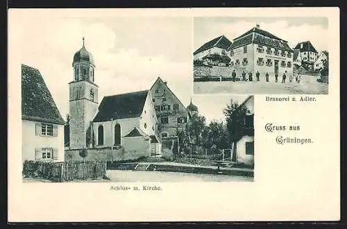 AK Grüningen / Riedlingen, Brauerei zum Adler, Schloss mit Kirche