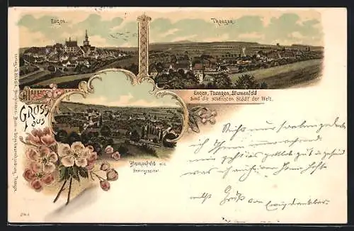 Lithographie Tengen, Ortsansicht vom Hügel aus