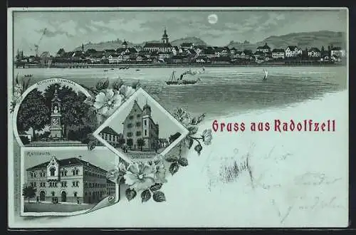 Mondschein-Lithographie Radolfzell, Oesterreichisches Schlösschen, Rathaus, Scheffel-Denkmal