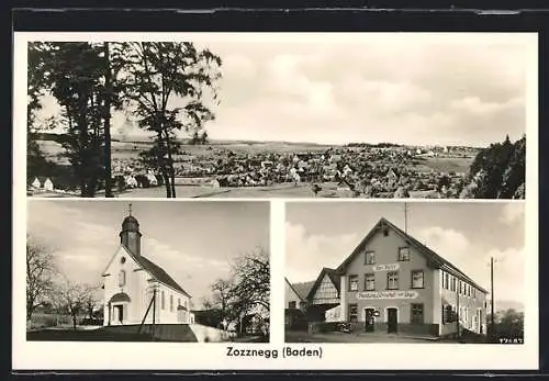AK Zozznegg / Mühlingen, Gasthaus und Handlung zum Engel, Kirche, Teilansicht