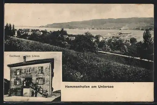 AK Hemmenhofen am Untersee, Gasthaus zum Löwen, Uferpartie mit Dampfer