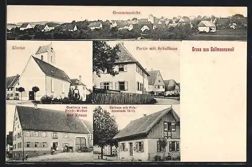 AK Gallmannsweil, Gasthaus zur Krone von F. Muffler, Rathaus mit Friedenslinde, Kirche