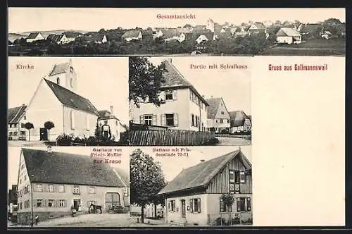 AK Gallmannsweil, Gasthaus zur Krone von F. Muffler, Rathaus mit Friedenslinde, Kirche