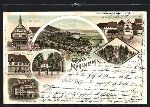 Lithographie Mühlheim a. Donau, Gasthaus zur Krone, Uhrenfabrik, Rathaus