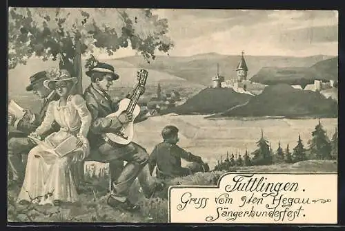 Künstler-AK Tuttlingen, 9. Hegau-Sängerbundesfest, Panorama mit Burg und Sängern