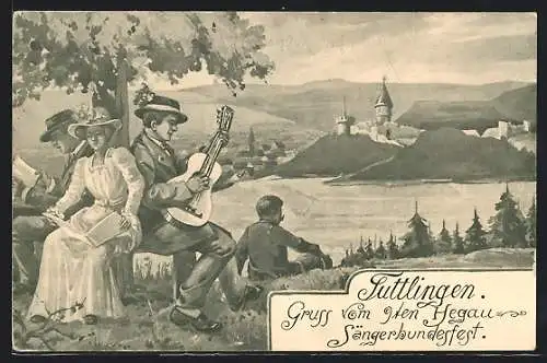 Künstler-AK Tuttlingen, 9. Hegau-Sängerbundesfest, Panorama mit Burg und Sängern