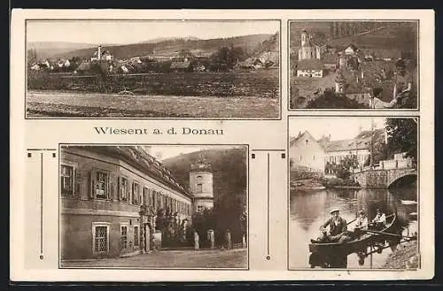 AK Wiesent a. d. Donau, Ortspartie mit Kirche, Brücke, Gebäudeansicht
